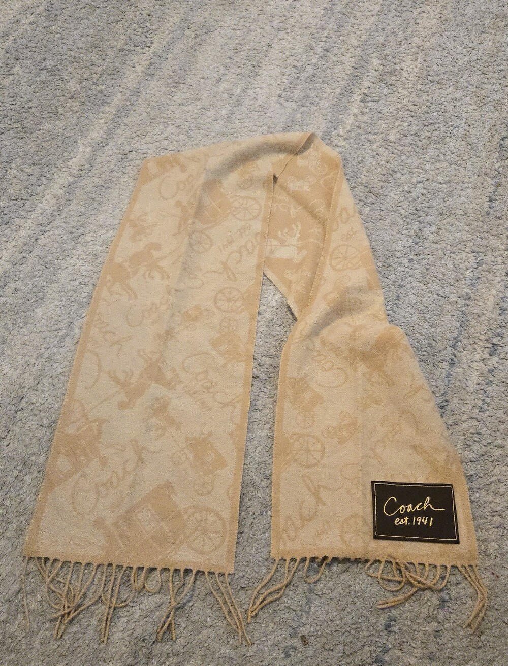 COACH Est 1941 Horse and Carriage Scarf Wool Cashmere Beige Tan Monogram Fringe